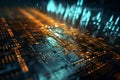 Pixelated data stream, binary code, encryption concept on glowing digital interface