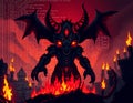 A pixelated demon lord with glowing red eyes, surrounded by distorted code and error messages, in a corrupted medieval landscape