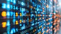 Pixelated digital data stream with binary code encryption concept and glowing red and blue dots. Royalty Free Stock Photo