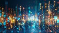 Pixelated digital data stream with binary code and encryption concept, glowing red and blue dots. Royalty Free Stock Photo