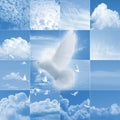 Pixelated dove over a cloud collage