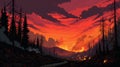 Fiery Red Landscape: A Nightmarish Illustration With Realistic Perspective