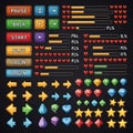 Pixelated game interface elements including buttons, progress bars, and icons Royalty Free Stock Photo
