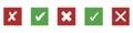 Pixelated Green Check Marks and Red X icons Set in Squares. Approval and Error Sign Collection for Retro UI Design