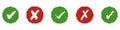 Pixelated Green Check Marks and Red X Symbols in Circles for Retro UI Design. Success and Error Sign Collection