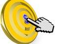 Pixelated hand cursor clicks on the center of golden target Royalty Free Stock Photo