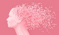 Pixelated Head Of Woman And 3D Pixels As Hair On Pink Background