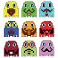 Pixelated Hipster emoticons inspired by 90's vintage video computer games showing vary emotions with stroke