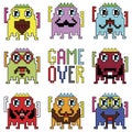 Pixelated hipster robot emoticons with simple WITH GAME OVER SIGN inspired by 90's computer games showing different emotions