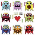 Pixelated hipster robot emoticons with simple hitting ball game with a heart shape inspired by 90's computer games showing