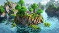 Pixelated isle surrounded by a serene digital waterscape. Minecraft texture world. AI generated