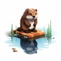 Realistic Pixel Beaver Icon In Watery Environment