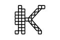 A pixelated letter K designed using colorful squares and blocks in a geometric and digital pattern