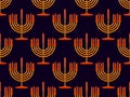 Pixelated menorah with nine Hanukkah candles seamless pattern. Happy Hanukkah greeting card in pixel art style Royalty Free Stock Photo