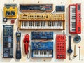 Pixelated Musical Instruments for a Rhythm Game Instruments blur into playable digital icons Royalty Free Stock Photo