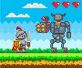 Warrior holding shield and sword standing on green grass. Knight attacks mechanical robot in armor