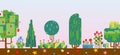 Pixelated nature scenery vector illustration, pixel art game process with nature, forest, trees, earth and flowers.