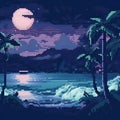 Pixelated palm trees and sea in the night. Vector illustration. Royalty Free Stock Photo