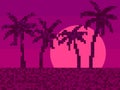 Pixelated palm trees at sunset in 80s style. 8-bit red sunset with palm trees in synthwave and retrowave style. Retro 8-bit video