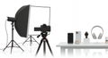 Pixelated Photography Setup with Camera, Lighting and Product Display on White Table against a White Backdrop for Royalty Free Stock Photo