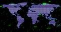 Pixelated purple world map displaying in virtual space, with green binary code and glitch bars Royalty Free Stock Photo
