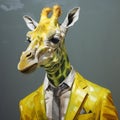 Pixelated Realism: Yanjun Cheng\'s Yellow Giraffe Painting In A Stylish Suit