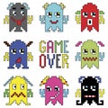 Pixelated robot emoticons with game over sign inspired by 90's computer games showing different emotions