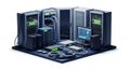 Pixelated Server Room Data Center Illustration with Racks, Cables, and Network Hardware for Cloud Computing and Data Royalty Free Stock Photo
