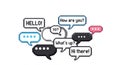 Pixelated speech bubbles with common greetings represent retro digital communication Royalty Free Stock Photo