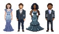 Pixel art illustration with isolated women and men. People wear the evening gown Fashion style. Pixelated stickers 90s, Retro