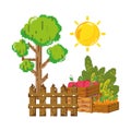 Pixelated tree and wood grillage with farm plants