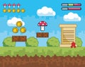 Pixelated videogame scene with coins and fungus with letter