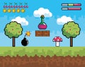 Pixelated videogame scene with potion and fungus with bomb