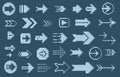 Pixeleted retro arrows. 8 bit navigation cursors, pixel game UI elements, retro 90s app icons. Vector square pointer symbols Royalty Free Stock Photo