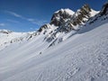 piz ducan mountain range in ducan valley. View of the glacier and the snow-covered mountains. Skimo mountaineering