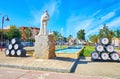 Pizarro monument and wine casks, Sanlucar, Spain Royalty Free Stock Photo