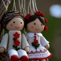 Pizho and Penda Bulgarian Martenitsa spring sign. Boy and girl figures made of red and white threads Generative AI