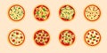 Big set of pizzas. Pizza pepperoni, seafood, veggie, meat Royalty Free Stock Photo