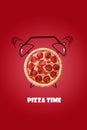 Pizza and alarm clock hand drawn illustration on red background. The inscription Pizza time.