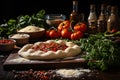 Pizza art, The process of making, Raw dough for pizza with ingredients and spices on table. Royalty Free Stock Photo