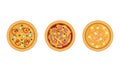 Pizza as Savory Italian Dish with Round Flattened Dough Topped with Sliced Wurst and Bacon Above View Vector Set