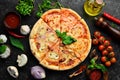 Pizza background. Set of delicious homemade pizzas. Royalty Free Stock Photo