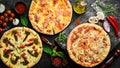 Pizza background. Set of delicious homemade pizzas. Royalty Free Stock Photo