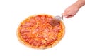 Pizza bacon, isolate, hand cutting pizza, top view