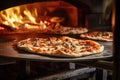 Pizza is cooking in traditional wood burning oven. Generative AI Royalty Free Stock Photo
