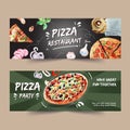 Pizza banner design with tea pot, pizza, hankie watercolor illustration Royalty Free Stock Photo