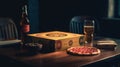 Pizza, beer and snacks on the table, generative AI.