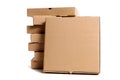 Pizza box, brown, blank, top view, stack of boxes behind, copy space, isolated Royalty Free Stock Photo