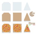 Pizza Box cardboard box Mockup Slice. Slice of fresh Italian classic Pizza isolated on white background. Hot Tasty Pizza