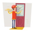 Pizza Box Delivery Boy Man Concept Knocking at Customer Door Wall Background Retro Cartoon Design Vector Illustration Royalty Free Stock Photo